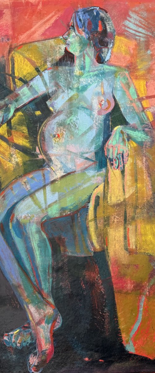 Seated nude on a golden chair by Hanna Bell