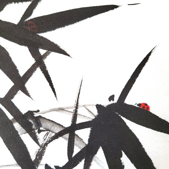 Two Bamboos with a Red Ladybug