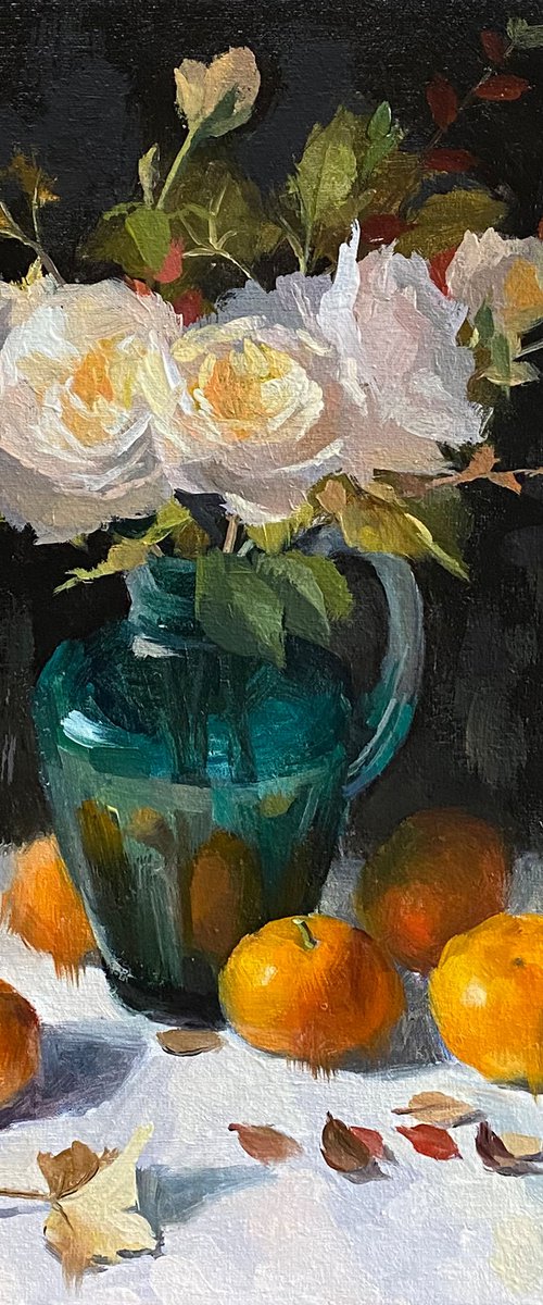White Roses with Still Life by Ling Strube