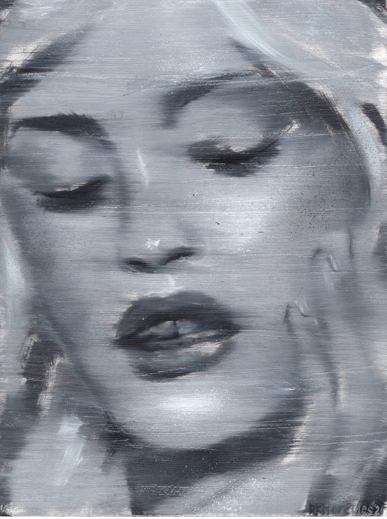 Ben | Black and white blonde close up portrait woman oil painting on paper | beautiful romantic lady