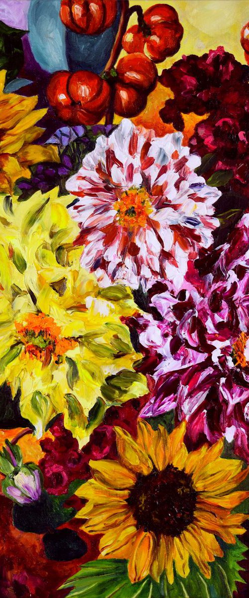 Sunflowers with Dahlias & Red Cockscomb by Christina M Plichta