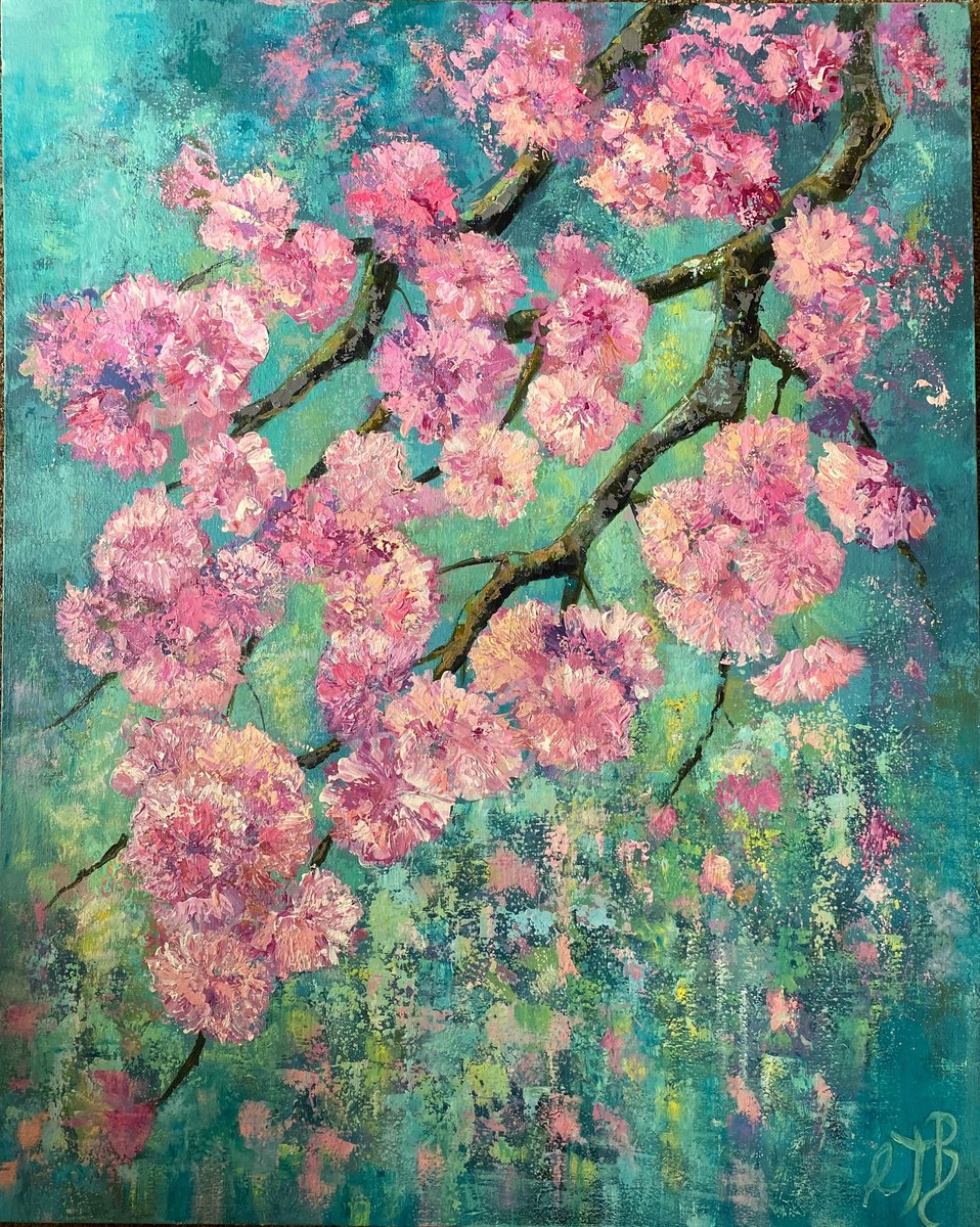 Impressionistic Botanical Acrylic Painting By Colette Baumback, 31 X 39, Blossom Shower 2, Original Artwork