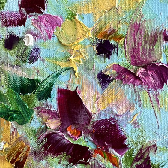 SOLAR BUTTERFLIES - Bright flowers. Large strokes. Summer. Glade. Crimson. Multicolor. Fantasy. Abstraction.