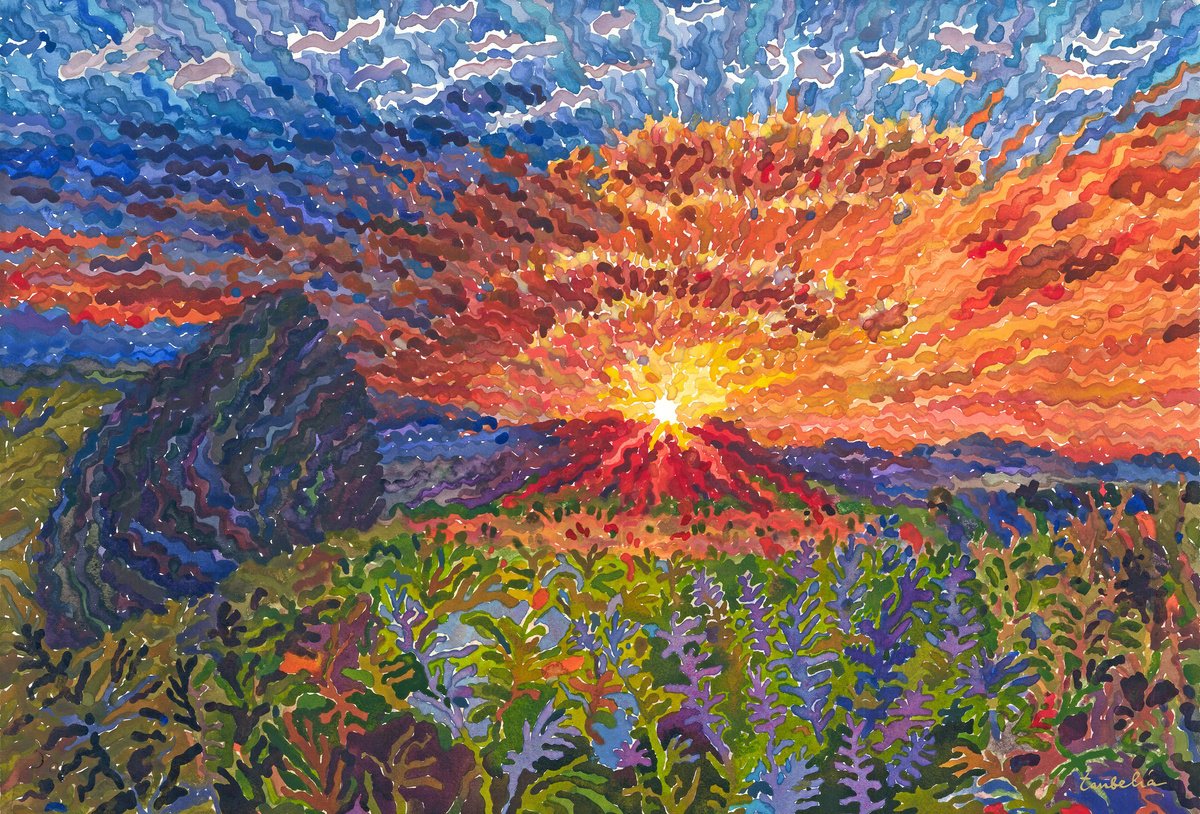 Impressionistic Landscape Watercolour By Tanbelia, 22 X 15", Yellowstone National Park, Original Artwork