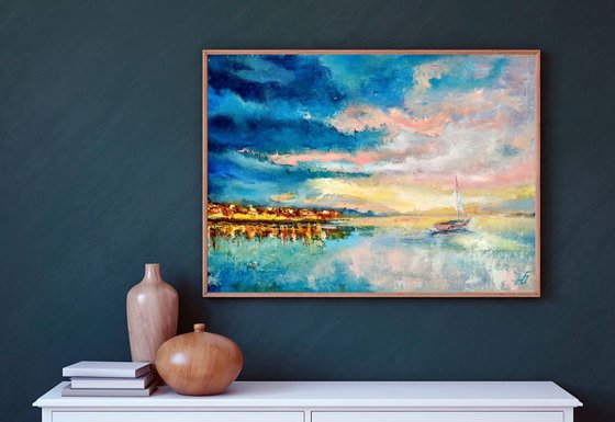 Summer sunset Sailboat Painting Original Art Seascape Abstract Ocean Wall Art