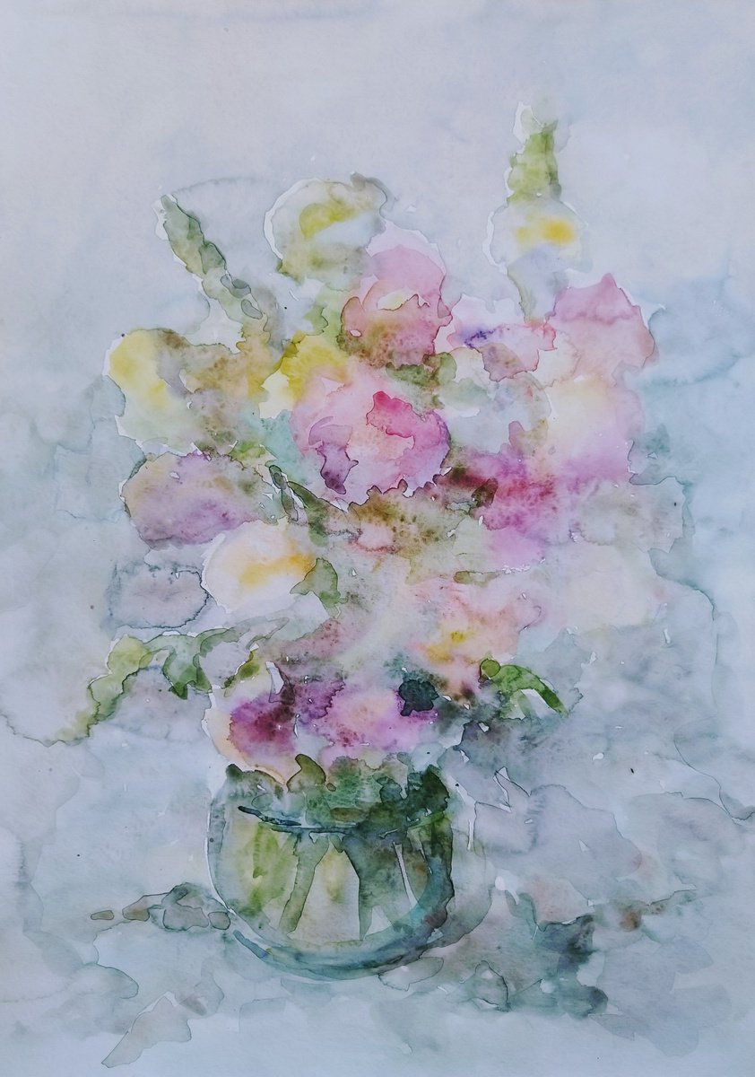 Expressive Still Life Watercolour By Elena Klyan, 12 X 16, Abstract Bouquet., Original Artwork