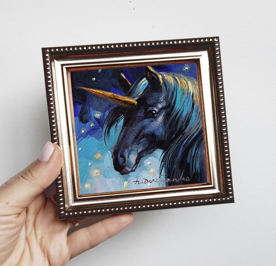 Black unicorn oil painting original in silver frame 4x4 inch