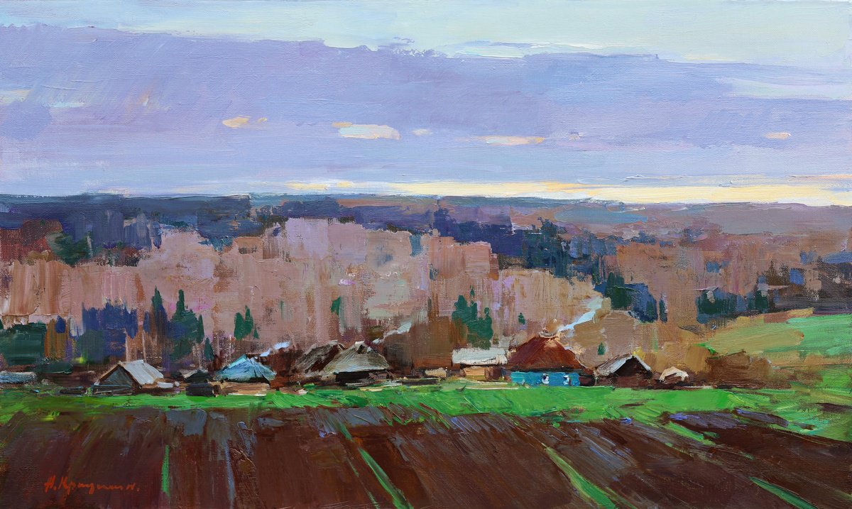 Impressionistic Landscape Oil Painting By Aleksandr Kryushyn, 30 X 18, Village In Early Spring, Original Artwork