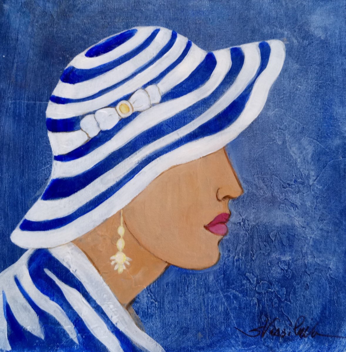 Expressive Portrait Acrylic Painting By Silvia Vassileva, 12 X 12", Lady With Hat I, Original Artwork