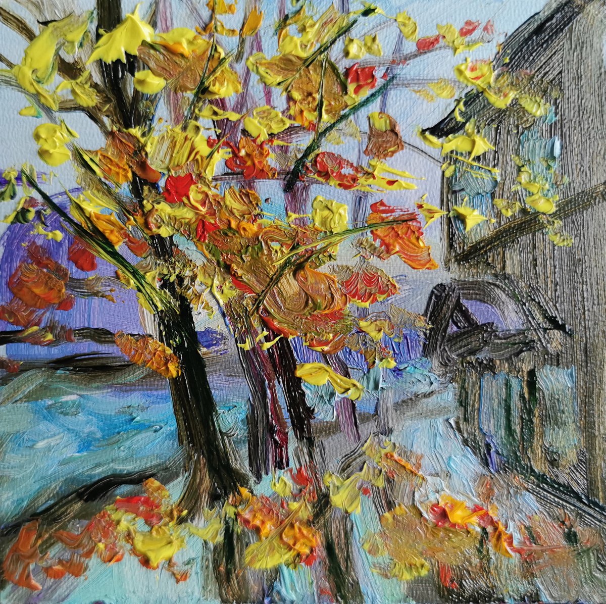Small oil painting, The Fall by Elvira Hilkevich