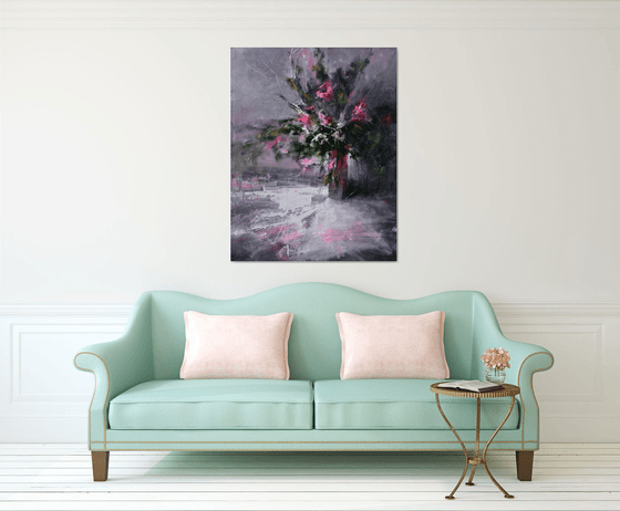 " Vase of pink flowers " W 97 x H 121 cm