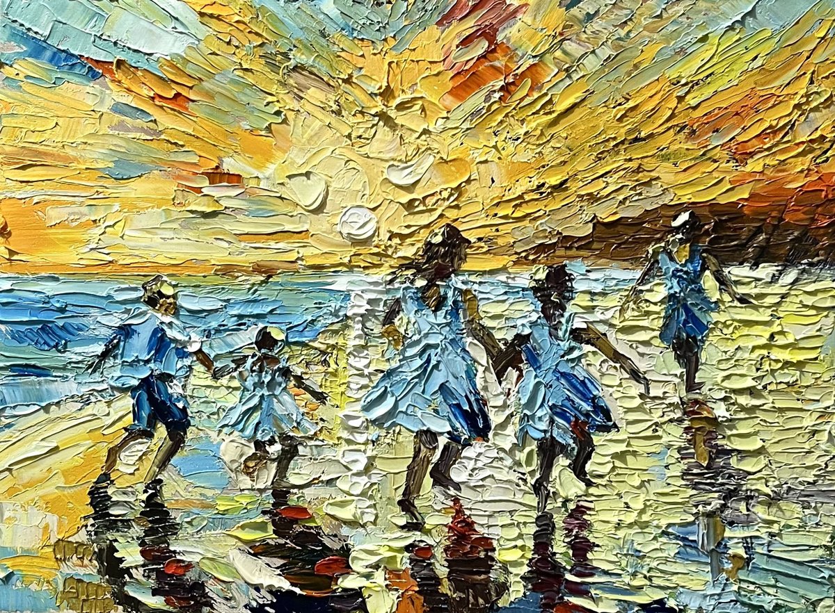 Impressionistic Landscape Oil Painting By Vahe Bagumyan, 16 X 12", Sunset Joy On The Shore, Original Artwork