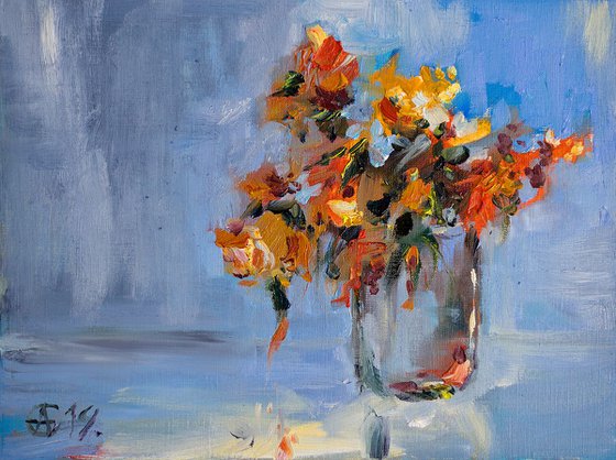 Autumn flowers. Original oil painting on paper. Small blue orange interior detail