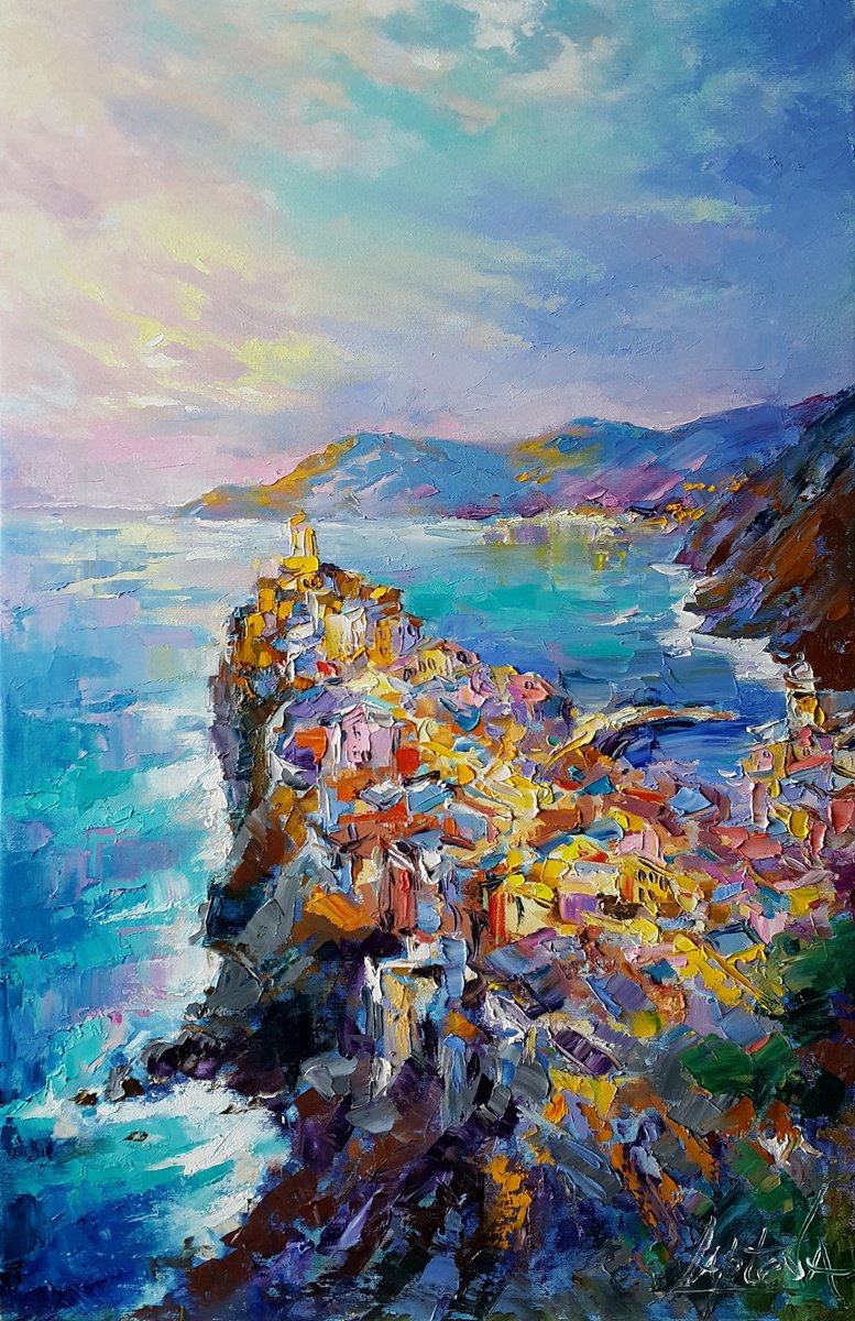 Impressionistic Landscape Oil Painting By Viktoria Lapteva, 17 X 28", Vernazza , Cinque Terre, Original Artwork