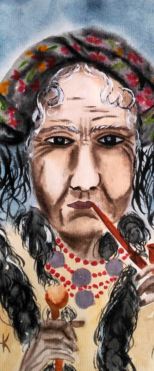 Smoking Woman Art Portrait Original Painting Female Portrait Watercolor Artwork Small Home Wall Art 8 by 11" by Halyna Kirichenko by Halyna Kirichenko