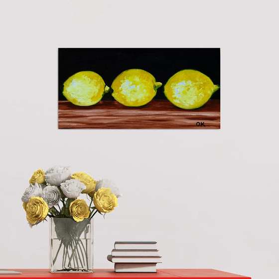 THREE LEMONS STILL LIFE, WALL DECOR IDEA, OIL PAINTING,  HOME, OFFICE, DINNING ROOM