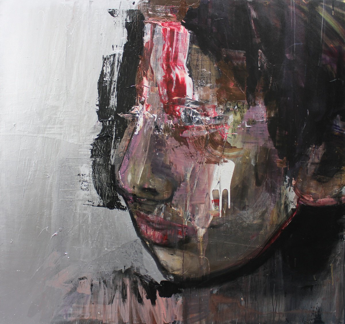 Expressive Portrait Oil Painting By Milos Hronec, 59 X 55", Close Feeling Of Well-Being, Original Artwork