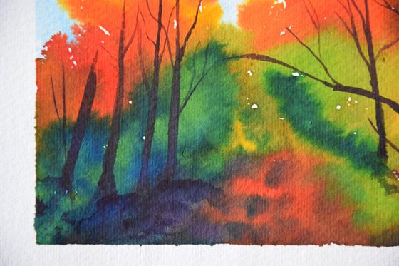 Original watercolor painting on craft paper Autumn Fall Forest