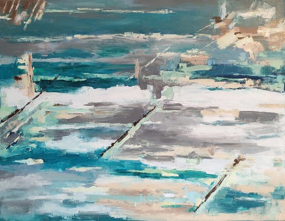 Cold Sea, Abstract Painting Turquoise White Grey Wall Art Abstract Seascape Artwork 90x70 cm ready to hang