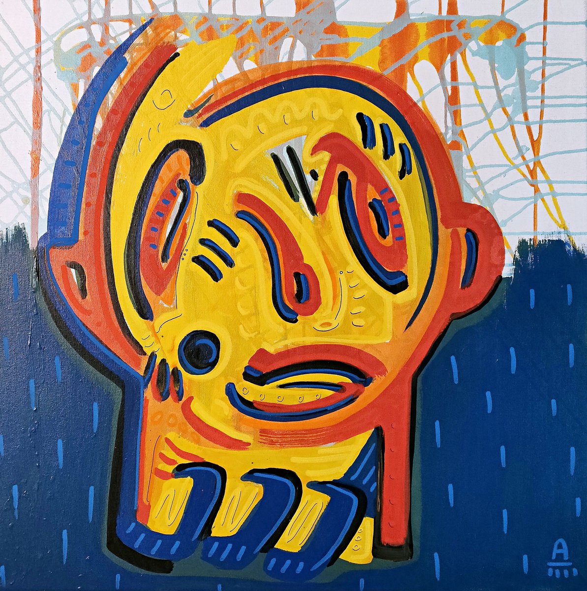 Expressive Animal Acrylic Painting By Angel Rivas, 24 X 24, Crazy Face 60X60Cm, Original Artwork