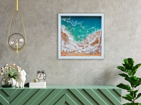 Meditation box with sea #1 - original seascape 3d artwork, framed, ready to hang