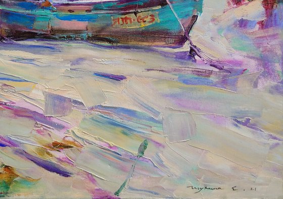 Summer . Dog and old boat