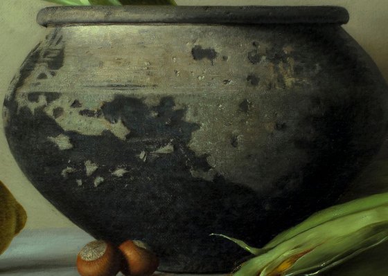 The clay pot, a lemon and corns ,51 x 61 cm(20x24inch)(2017)