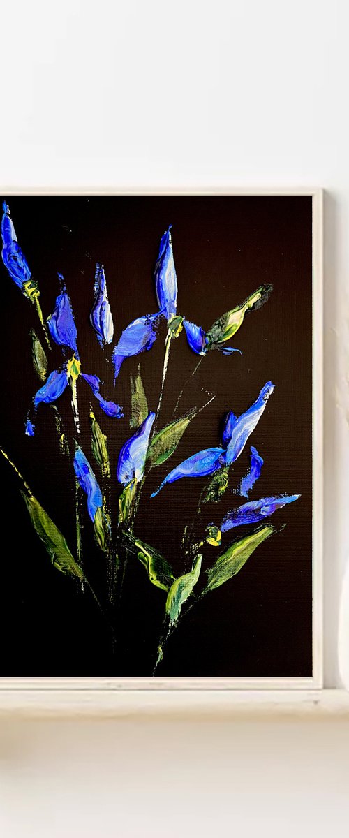 IRISES AND HERBS - Black miniature. Flowers on black. by Marina Skromova