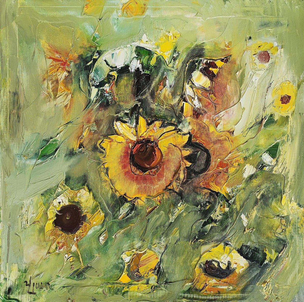 Impressionistic Botanical Oil Painting By Vlas Ayvazyan, 24 X 24", Sunlit Symphony, Original Artwork