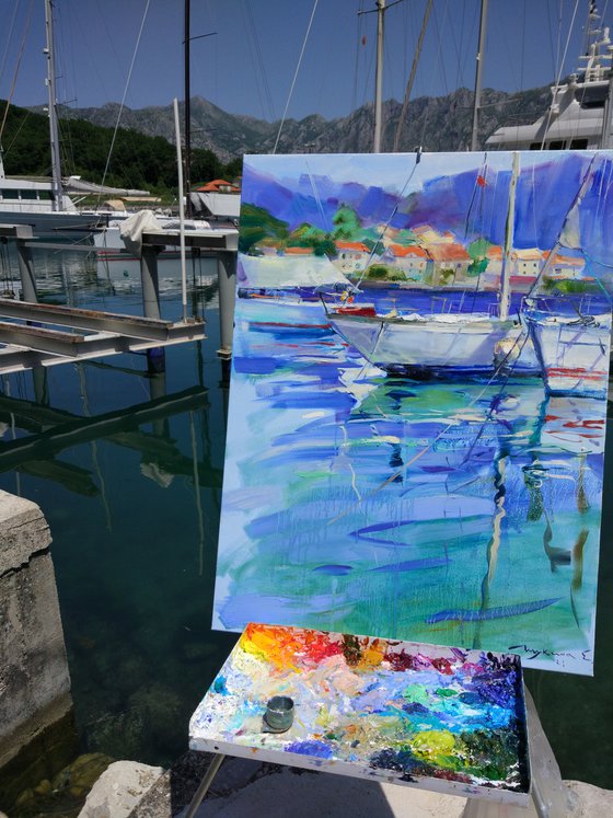 Yachts in Montenegro . Original plein air oil painting .