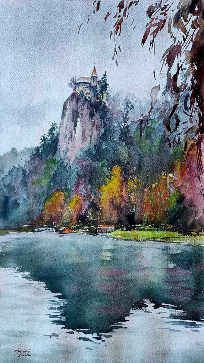 The beauty of stillness | Bled lake Original watercolor painting by Larisa Carli