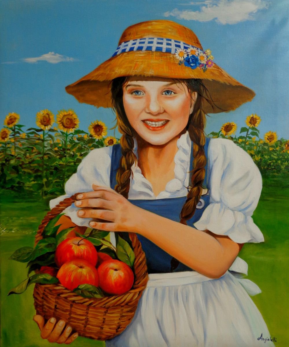 Girl with apples - portrait - landscape - original painting by Anna Rita Angiolelli