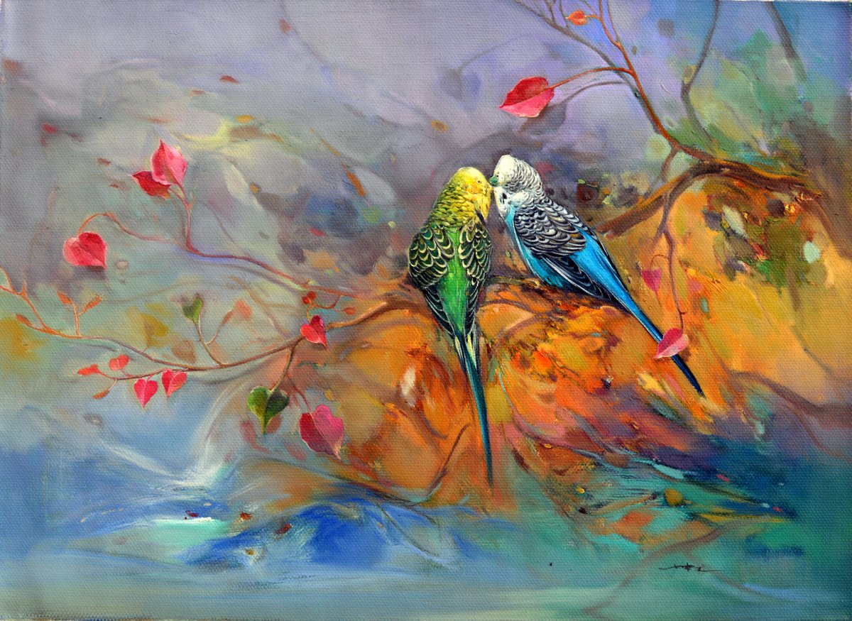Photorealistic Animal Oil Painting By Kunlong Wang, 31 X 24", Parrots On The Branch, Original Artwork