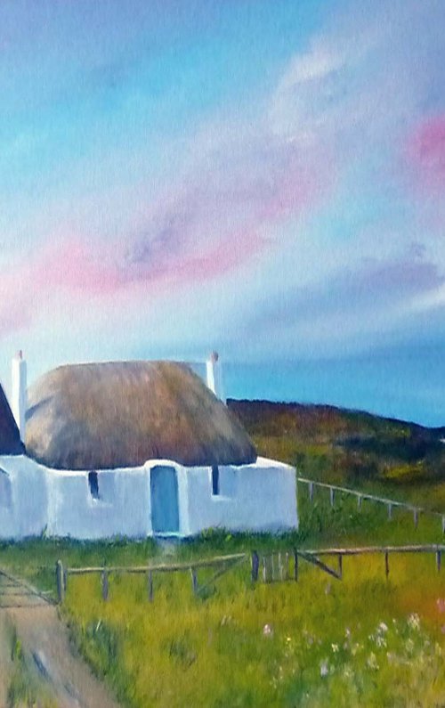 Cottages at Balevullin, Tiree - A Scottish Landscape by Margaret Denholm