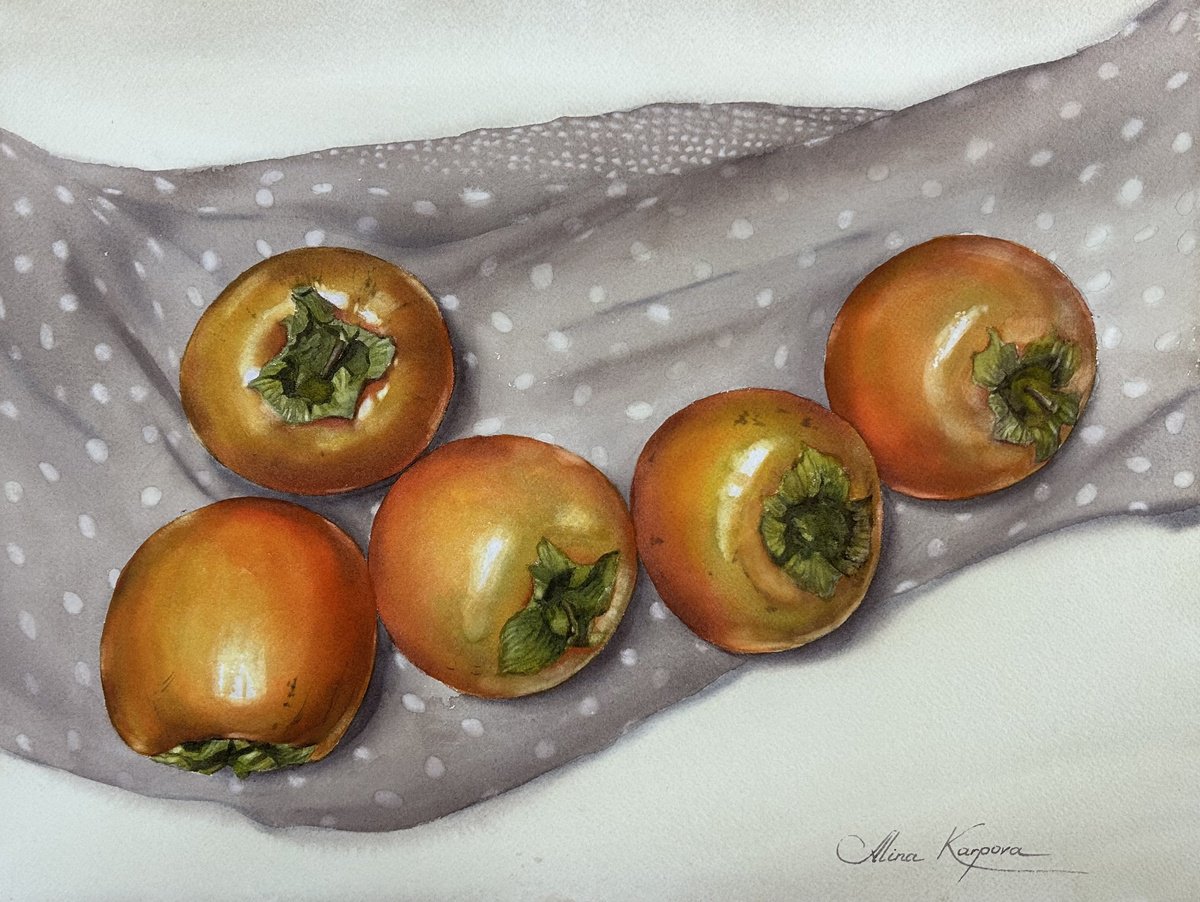 Photorealistic Still Life Watercolour By Alina Karpova, 16 X 12, Persimmons, Original Artwork