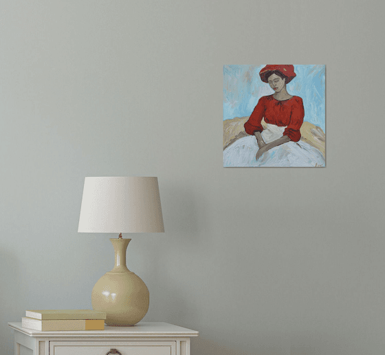 A Girl in a Red Blouse and Hat