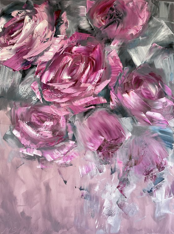 MIXED FEELINGS - Huge painting with flowers. Large abstract roses
