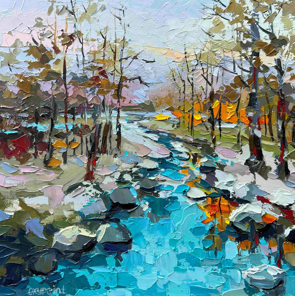 Impressionistic Landscape Oil Painting By Oxypoint, 12 X 12", "Turquoise River", Original Artwork