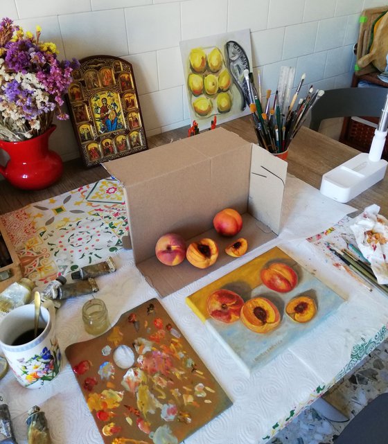 Ripe Peaches on Table