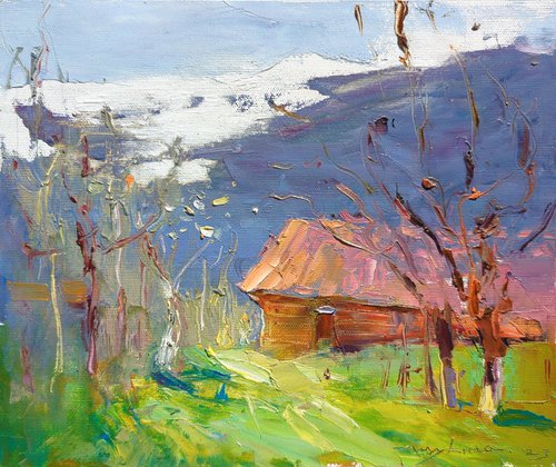 Spring in the mountains . Small house in the village Original oil painting by Helen Shukina