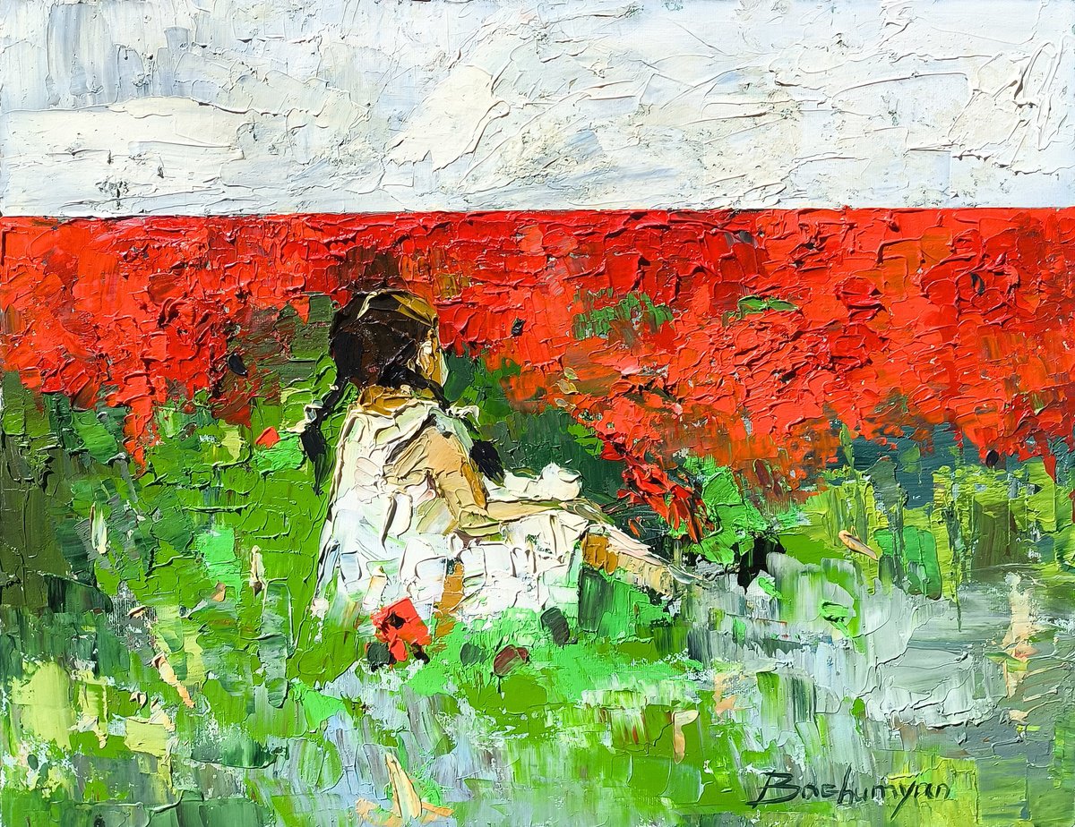 Impressionistic Botanical Oil Painting By Vahe Bagumyan, 20 X 16", Whispers Of Poppies, Original Artwork