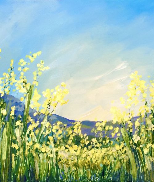 Mountain view through pastures yellow by Emma Sian Pritchard