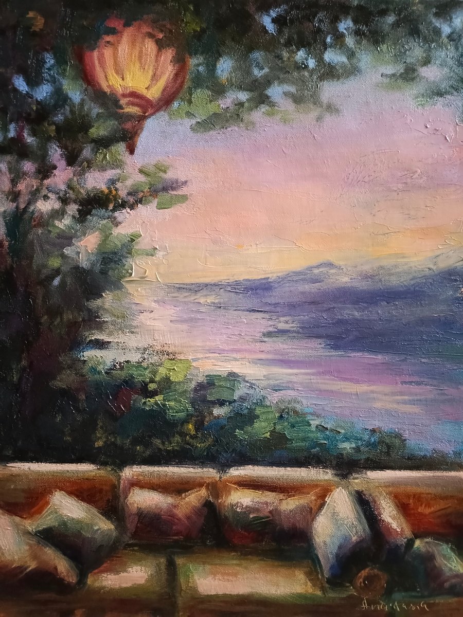 Sunset light Cafe Sea Mountain by Anastasia Art Line