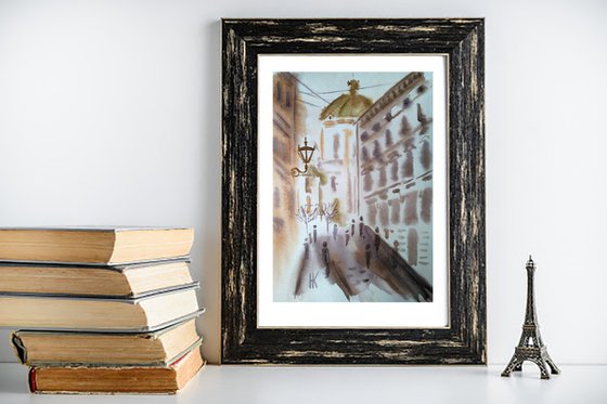 Lviv Painting Cityscape Original Art Ukraine Small Watercolor Artwork 8 by 12 inches