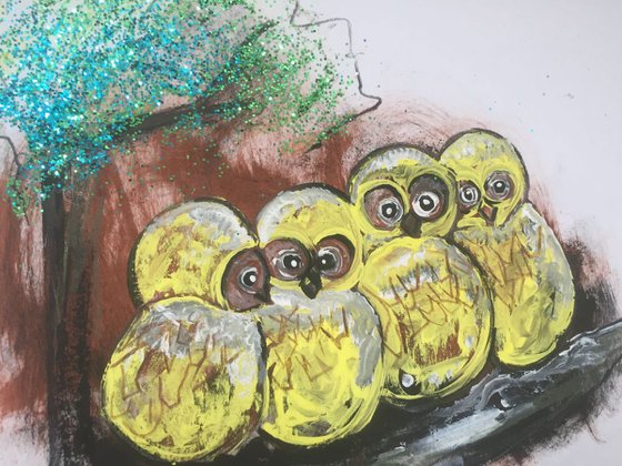 Owl Chicks Cute Birds Fine Art Animal Art Animal and Birds Portraits Acrylic on Watercolour Paper Wild Birds Painting Gift Ideas Fine Art Original Art 8"x12"