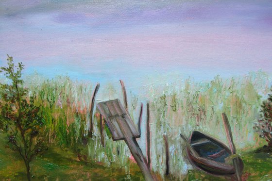 Sunset at the River - Original Oil Painting Impressionism Gift Idea of Countryside Twilight Wooden Boat Stillness Peace