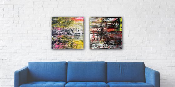 "Cut To The Quick" - Original PMS Abstract Diptych Acrylic Paintings On Canvas - 40" x 20"