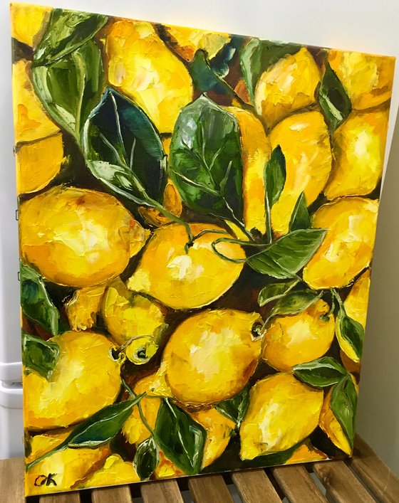 Lemons, oil painting, still life. Palette knife painting on canvas.