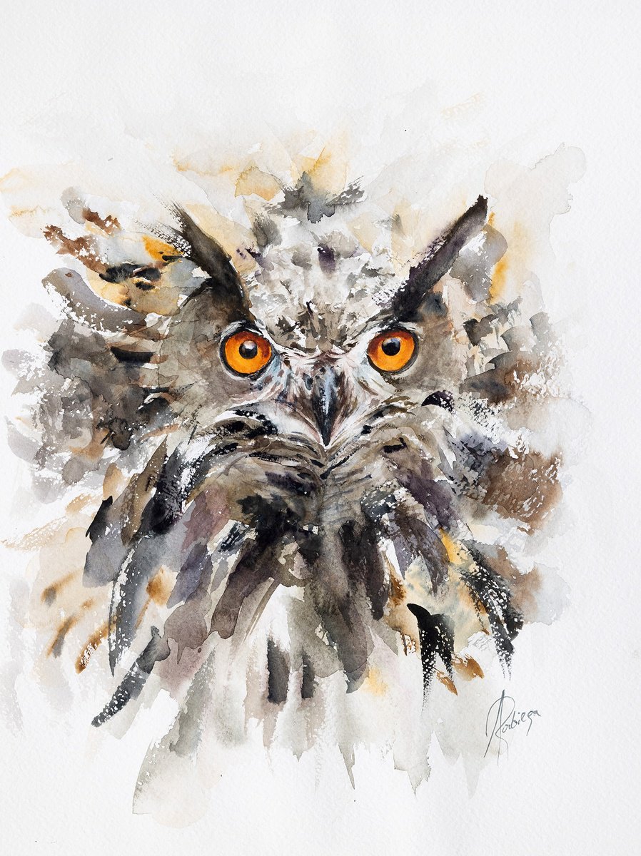 Animal Watercolour By Andrzej Rabiega, 12 X 16, Eurasian Eagle-Owl, Original Artwork