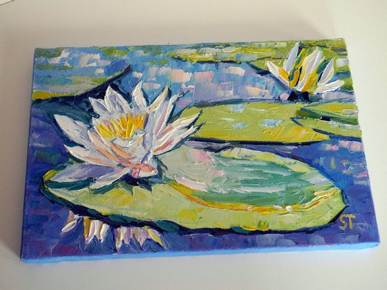 "Two lilies in a pond" original oil water floral painting on canvas, ready to hang, small wall decor gift idea
